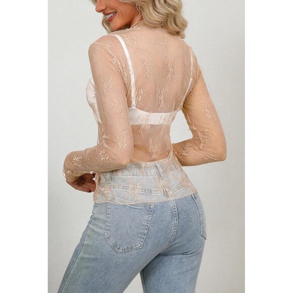 🆕Women’s Beige Polyamide Mesh Sheer Long Sleeve Mock Neck Lace Floral Top - Picture 3 of 5